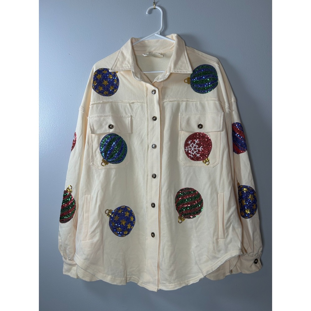 Fantastic Fawn Sequin Christmas Ornament Shacket Holiday Button Down Cream M